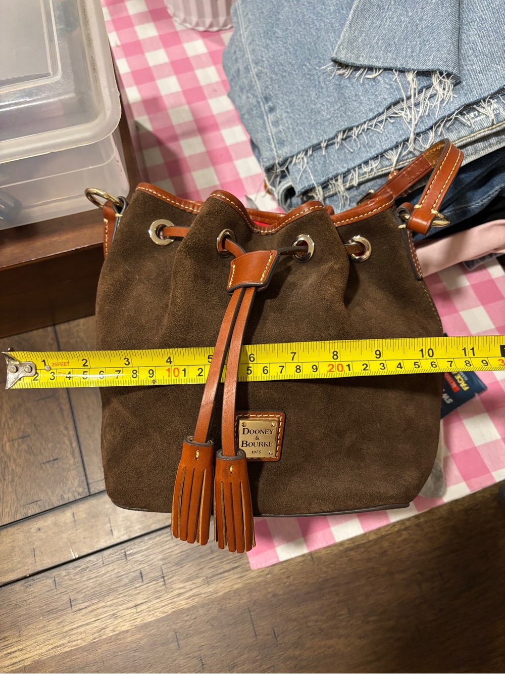 Dooney & Bourke Brown Suede Drawstring Hobo with Leather Trim - Picture 9 of 11